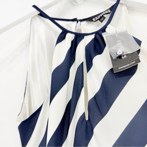 Express Navy Blue Cream Diagonal Stripe Sashed Nautical Coastal Halter Dress NEW - Picture 12 of 16